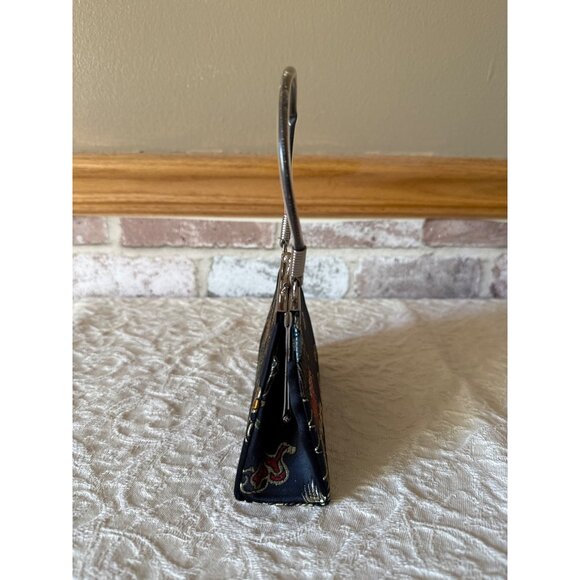 Mini Tiny Vintage Black Satin Brocade Evening Purse Metal Handle & Clasp Closure - Picture 2 of 16